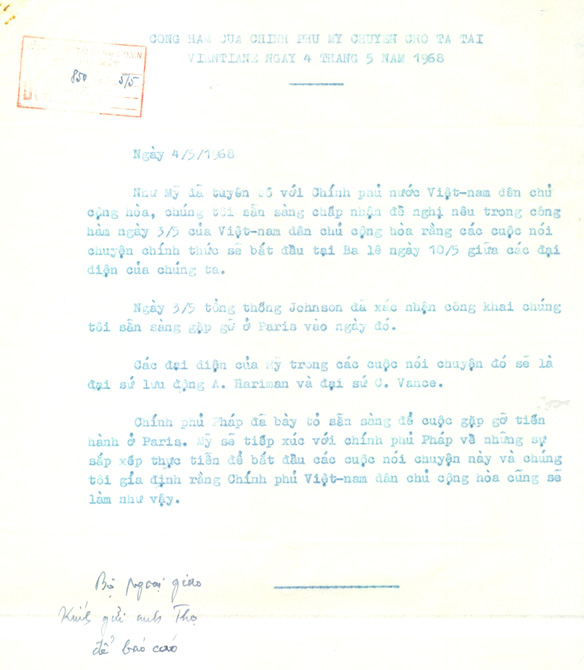 Diplomatic note dated on May 4, 1968